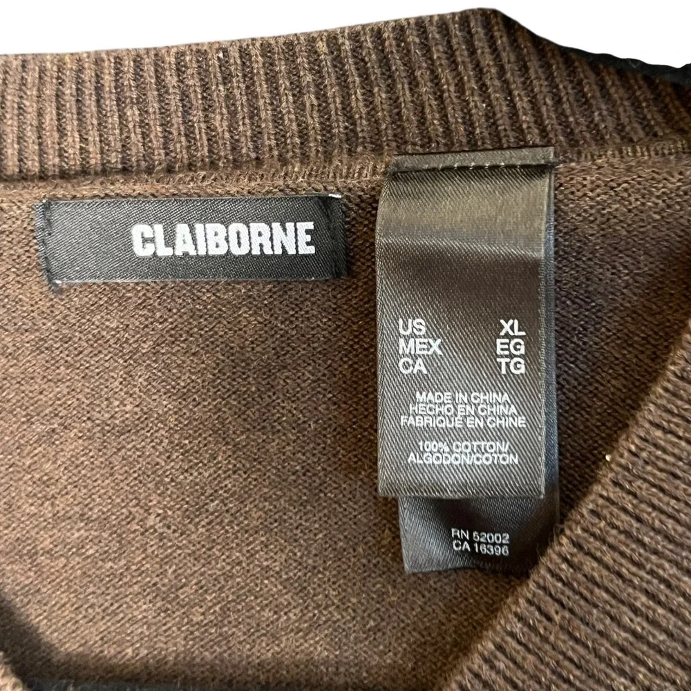 Claiborne Mens V Neck Argyle Sweater Brown Tan XL Cotton Classic Academia Preppy
